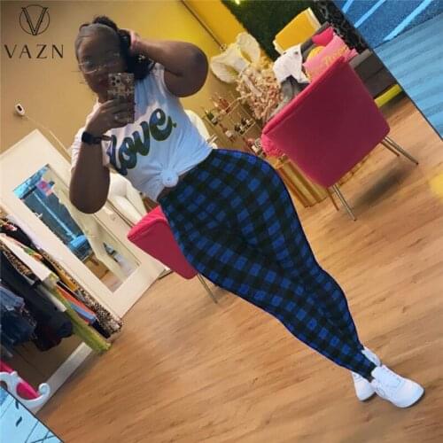 VAZN 2021 Summer European and American Womens Letter Casual Commuter Print T-Shirt + Plaid Pants Two Sets
