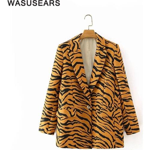 Women blazers and jackets 2020 notched single button tiger pattern blazer coat korean fashion female streetwear chic autumn
