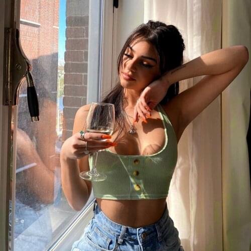 Womens Summer Tops Halter Sexy Dance Wear Sleeveless Deep O Neck Solid Color Button Front Ribbed Knit Camisole