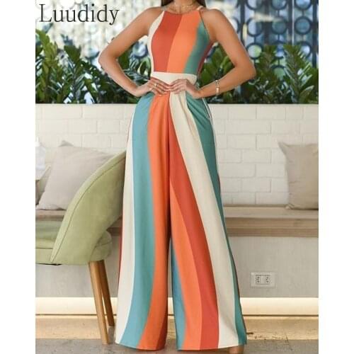 Women Elegant Colorblock Sleeveless High Waist Wide Leg Jumpsuit