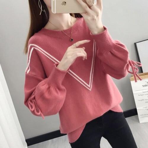 Sweater Women 2021 Chic Lace Up Bow Loose Knitted Tops Autumn Winter Fashion Panelled Pullovers Lantern Sleeve Sweaters Female