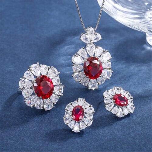 QTT Jewelry Sets For Women S925 Silver Red Stone Stud Earrings Necklaces Pendants Bridal Wedding Fine Accessories