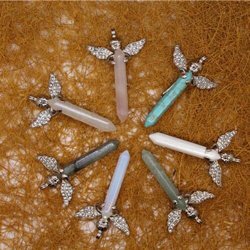 12pcs Natural Stone Hexagon cherub micro angel Necklace Pendants Lucky Amulet Quartz Treat Crystal Charm for Jewelry Making Free