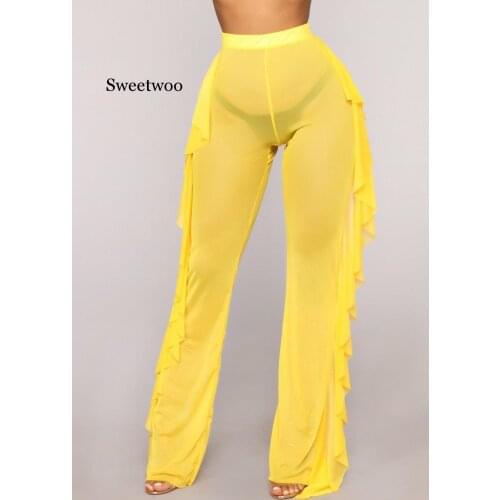 2020 Sexy Women Beach Cover Up See Through Ruffle Pants Mesh Sheer Long Trousers Bikini Cover Up Bottoms Swimsuit Swimwear