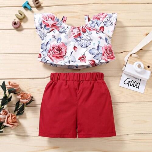 Kids Girl Floral Tops, Shorts Suit, Decorative Ruffle Off Shoulder Shirt, Summer Side Pockets Shorts Summer 2021