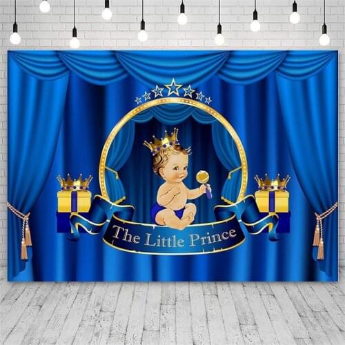 Avezano Baby Shower Photography Backdrops Blue Curtain Little Prince Boy Crown Background Photo Studio Photozone Photocall Decor