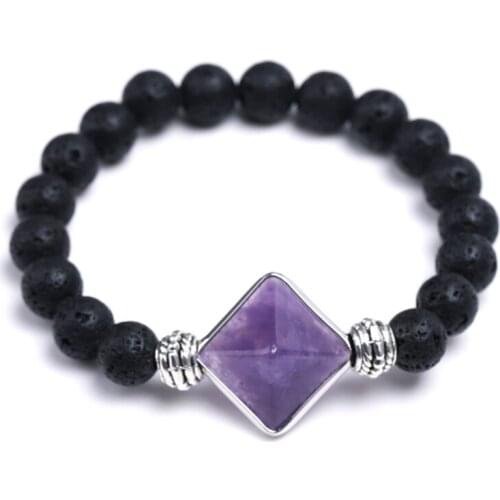 FYJS Unique Silver Plated Amethysts Square Pyramid Connect Black Lava Stone Round Beads Elastic Bracelet Rock Crystal Jewelry