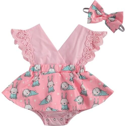 Newborn Infant Baby Girls Two-piece Clothes Set Sleeveless Romper Dress+ Headdress Pink Cartoon Rabbit Printed Pattern