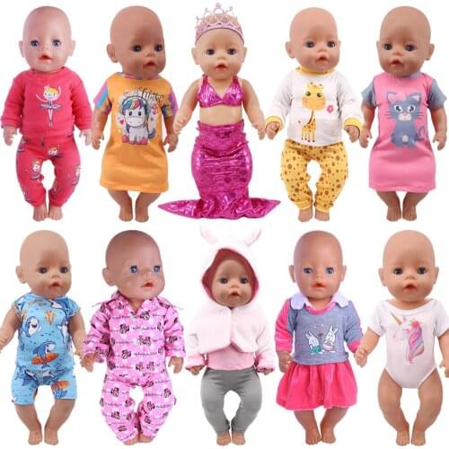 Doll Clothes Unicorn Catty Mermaid Cartoon Pajamas Suits Fit 18 Inch American&43CM Reborn New Born Baby OG Girl`s Toy Generation