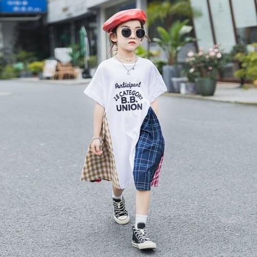 Summer Patchwork Loose Kids Girls Dress 8 10 12 years Short-Sleeve Big Girls Casual Dress