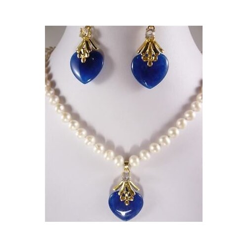 Women real latest design natural pearl jewelry white pearl Blue stone Pendant necklace earring set Bridal silver hook