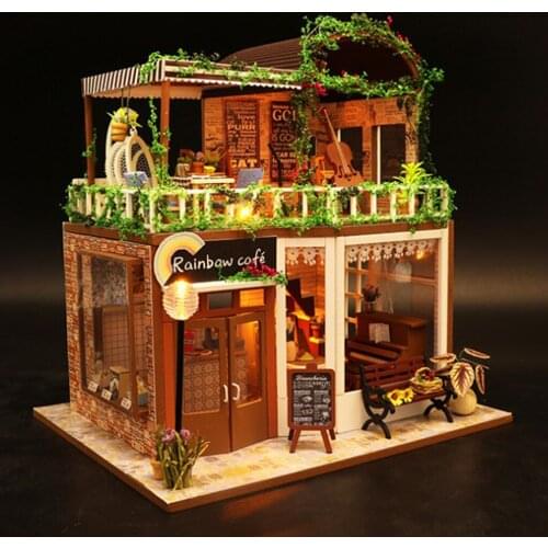 Unfinished 1:24 Mininature Wood Dolls House Kit Peaceful The Rainbow Coffee Cafe LED Light Toys Scene Kids Handcrafts