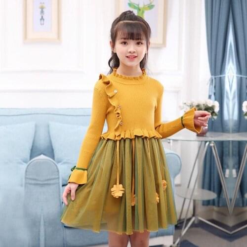 2020 Autumn Winter Kids Dresses For Girls Long Sleeve Knit Patchwork Mesh Princess Dress Baby Girls Clothes Pleated Vestido K111