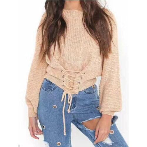 2021 Autumn Winter Women Sweater Knitted Pullovers Lace Up Casual Long Sleeve O Neck Loose Jumper Top Bandage Sweater