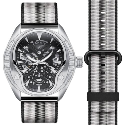 Parnis Skull Luminous Dial Mens Leather Watchband Fashion Mechanical Watch Wristwatch