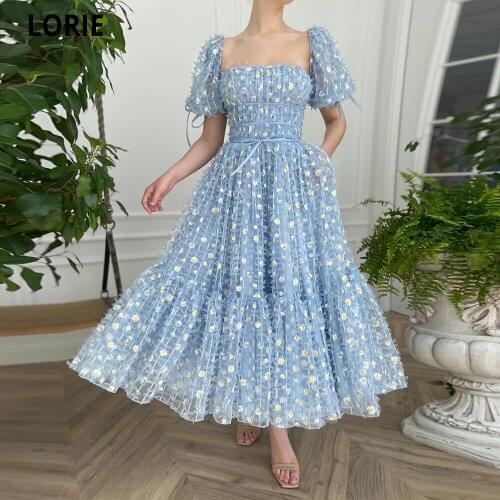 LORIE Blue Square Neck Midi Prom Dresses Short Sleeves Daisies Lace Prom Gowns with Pockets Tea-Length Wedding Party Dresses