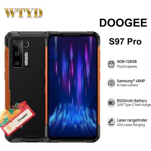 DOOGEE S97 Pro 8GB 128GB 8500mAh Rugged Mobile Phone 6.39'' 48MP Quad Camera Wireless Charge Smartphone 40m Laser Rangefinder