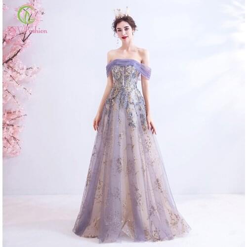 SSYFashion New Sweet Dream Light Purple Evening Dress Boat Neck Sexy Sequins Appliques Long Prom Formal Gown Vestido De Noche