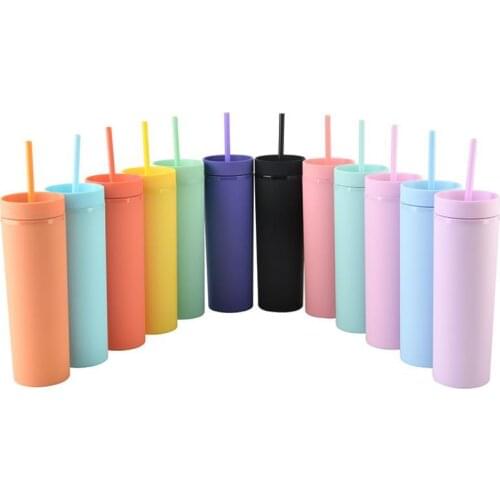 In Stock 16oz Acrylic Skinny Tumblers Matte Colors Double Wall Water Bottle Coffee Drinking Plastic Tumbler Sippy Cup With Straw