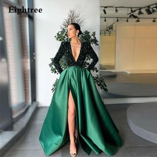Eightree Dark Green Bling Sequins Long Formal Evening Dresses V Neck Long Sleeves High Side Slit Party Gown Plus Size Prom Dress