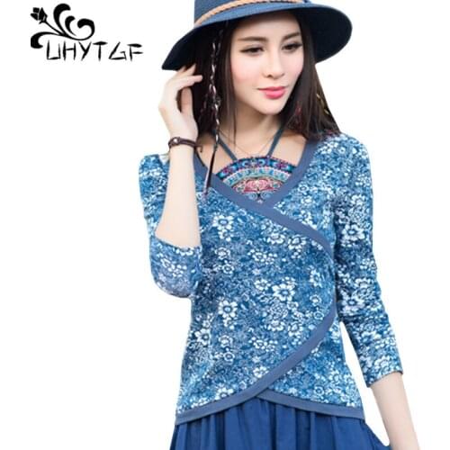UHYTGF Women spring t-shirt top 2020 vintage bellyband printing casual plus size t-shirt fashion Fake two elegant top female 914