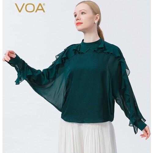 VOA Silk Jacquard Malachite Green Tops Stand Collar Pullover Two Buttons Georgette Bat Long-sleeved Ruffled T-shirt Women BE713