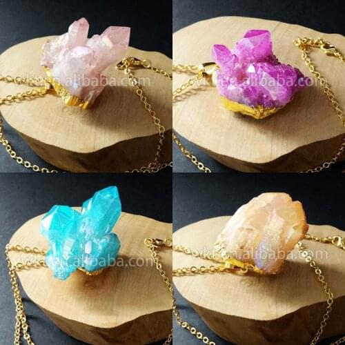 WT-N543 Wholesale raw cluster colorful quartz necklace gold strim women fashion quartz point necklace stone jewelry necklace