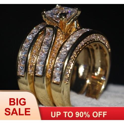 Handmade Jewelry 3-in-1 Engagement ring AAAAA zircon cz Yellow Gold Silver color Wedding Band Ring set For women men