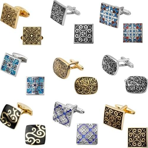 Popular Blue Enamel Crystal Rose Square Round Silvery Cufflinks Cufflinks retro luxury wedding men