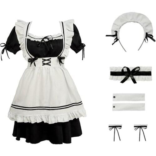 Women Maid Outfit Anime Long Dress Black and White Dresses Men Dress Halloween Costume Cosplay Cafe Apron Costume