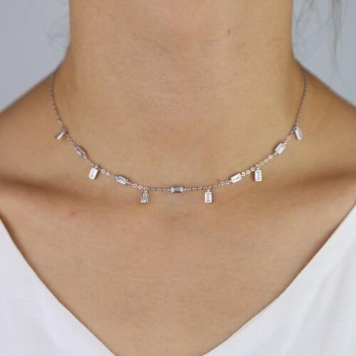 Wholesale women short necklace sparking fashion choker bling baguette stone drop cubic zirconia cz station statement link chain