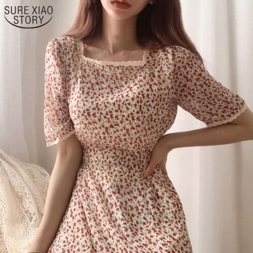 Women Floral Print Elegant Dress Square Collar Dress for Women Summer Dress Sweet Vintage High Waist Long Dress Vestidos 14391