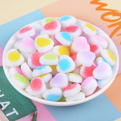 100pcs 18mm Mixed Colors Heart Design Cabochons Flat Back Resin Simulation Candy Food For Kids Dollhouse DIY Phone Decoration