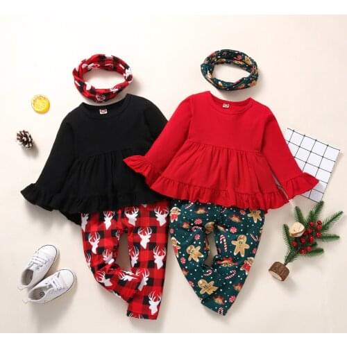 1-4Y Christmas Toddler Baby Girls Clothes Sets Solid Ruffle Long Sleeve Pullovers Tops Cartoon Printed Pants Scarf 3pcs