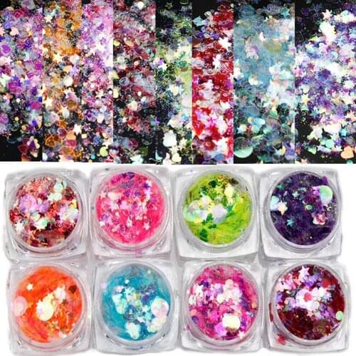 8Box/Set Holographic Nail Glitter Powder Nail Art Pigment DIY Flakes Nail Art Decorations Dust Gel Manicure Sequins Powder FMT14