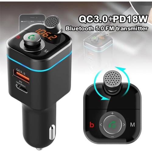 Bluetooth 5.0Car FM Transmitter Microphone Wireless Car Charger Hands-Free Call Type-c PD 18W QC3.0 Fast Charging Car Electronic