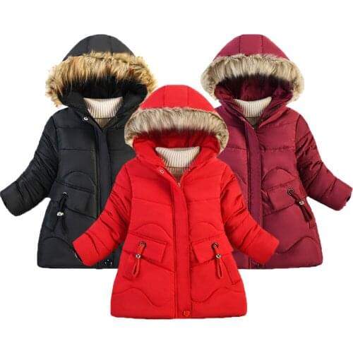 Long Style Winter Keep Warm Girls Jacket Thick Fur Collar Fashion Hooded Outerwear Coat For Kids Children Christmas Present