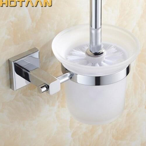HOTAAN Free shipping Solid Brass Wall Mount Mounted Toilet Brush set With Tempered Glass Cup Holder, Chrome YT-11412