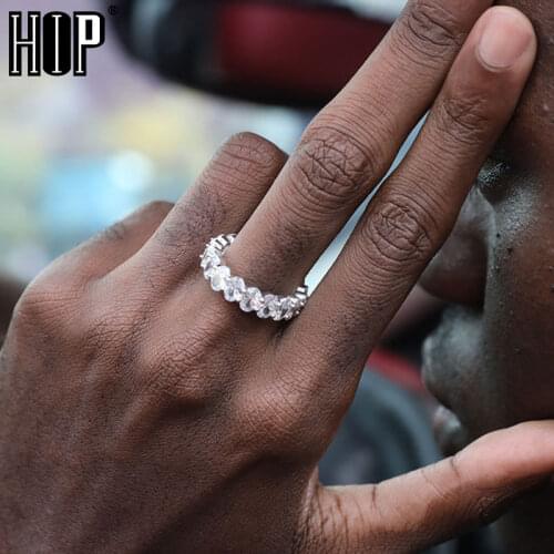 Hip Hop 1 Row Full Iced Out Bling Cubic Zirconia Mens Women Rings Geometric Round Ring Gold Color Rings For Men Jewelry