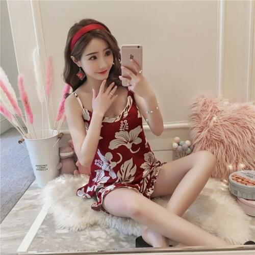 Summer Print 2 Pcs Pajama Sets for Women Sleepwear Girls Sleeveless Sexy Lingerie Padded Homewear