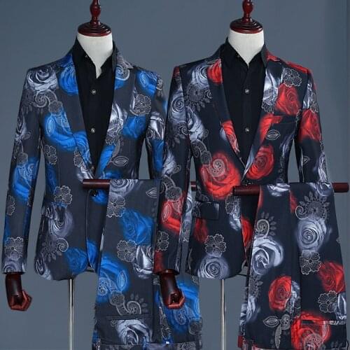 Tide Men Fashion Blue Red Rose Floral Print Casual Wedding Modern Suits Prom Tuxedo Pantalon Homme Dj Formal Party Wear DT1486