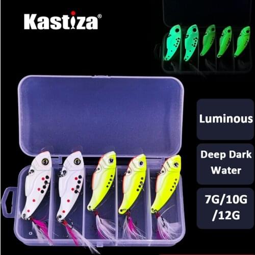 Deep Dark Water Luminous Lures Kit Vivid Vibration Spoon Lure 5pcs/Box Metal VIB Lures Set 7/10/12g Artificial Bait with Feather
