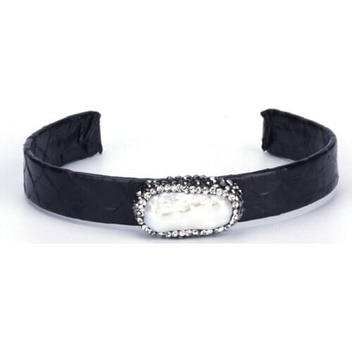 Natural Rough Freshwater Big Pearl Bead Pave Rhinestone Charm Black Real Leather Wrap Adjustable Open Bracelet Cuff Bangle Women