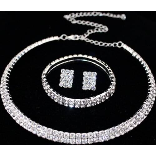 2020 New Classic Wedding Accessories Two Row Rhinestones Necklace Earrings Bracelets Bridal Wedding Jewelry Sets For Women Gifts