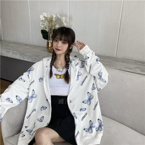 Autumn Harajuku Butterfly Hoodie Zipper Women Black Sweatshirt Spring Oversize Outerwear Kpop Plus Size Streetwear Sweet Clothes