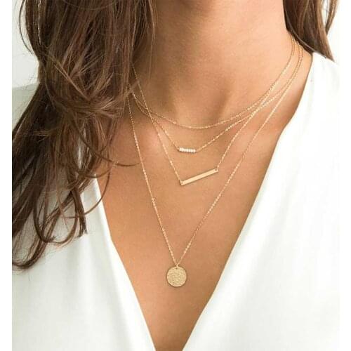 New 2020 Fashion White Bead Round Geometric Pendant Necklaces For Women Multilevel Simple Gold Female Boho Necklace Jewelry Gift