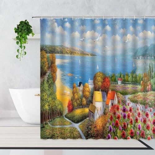 Pastoral Oil Painting Landscape Shower Curtain Garden Plant Lake Bird 3D Pattern Bathroom Decoration Waterproof Bath Curtains