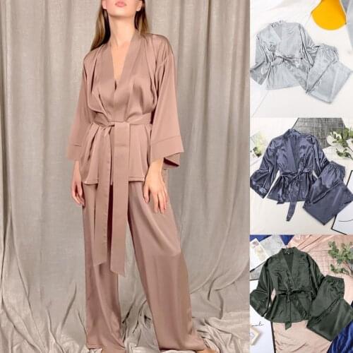 Pajamas V Neck Solid Color Two-piece Set Cardigan Long Sleeve Pajamas for Home