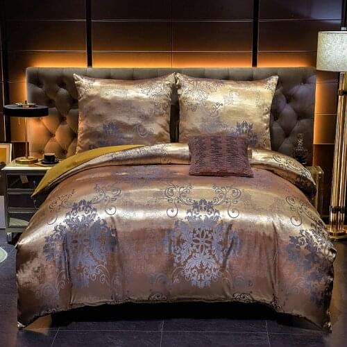 Luxury jacquard soft satin silky bedding down cover pillowcase set with zipper seal, rich gold, medium size double bed