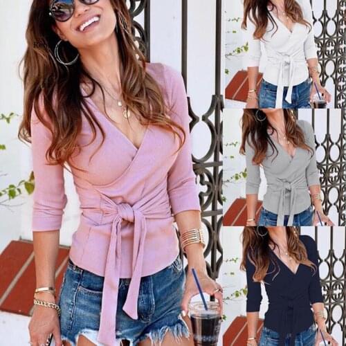 Women Sweater Deep V-Neck Tied Up Winter Knitting Sweater Sexy Knitted Blouse and Pullovers Long Sleeve Loose Sweater